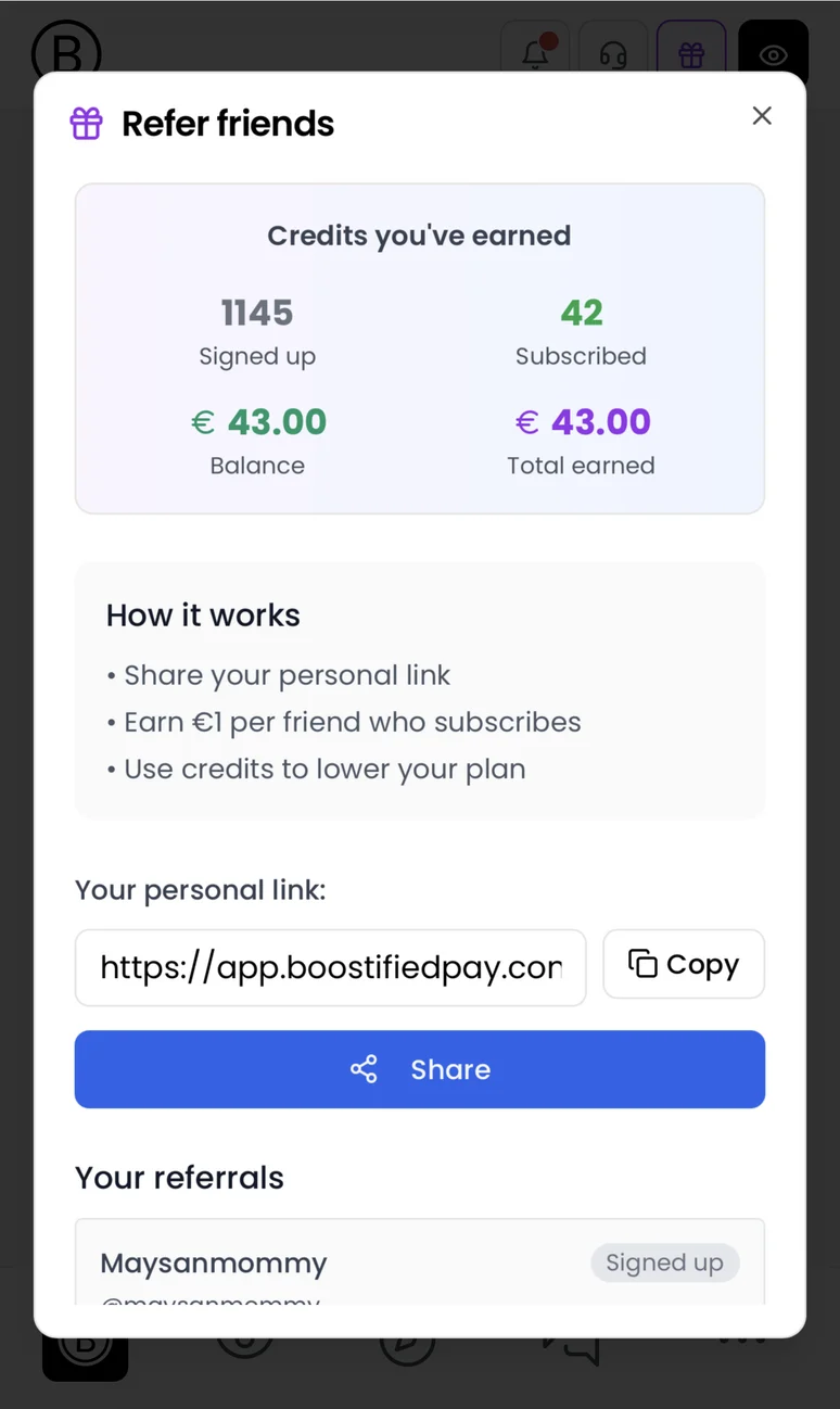 BOOSTIFIED – Zahlungsempfehlungsbildschirm mit verdienten Credits und individuellen Freigabeoptionen